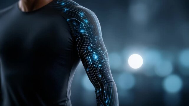 Person wearing sleek black shirt displays cybernetic arm with illuminated circuit patterns, representing fusion humanity, technology. Highlights future trends in wearable tech, bioengineering