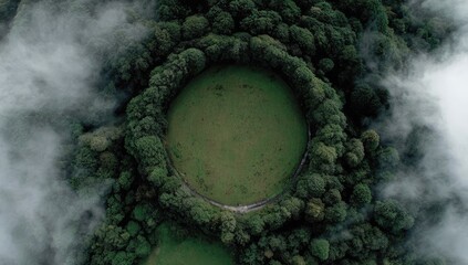 Aerial view of a lush green meadow enclosed by ring of trees, shrouded in mist