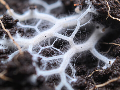 White Fungal Mycelium Hyphae Growing on Dark Soil