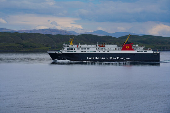 Oban, Scotland - May 01 2024: The Caledonian MacBrayne ferry "Isle of Lewis" near Oban in the Firth of Lorn. 