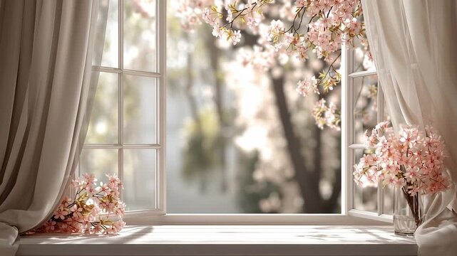 Soft spring morning light entering through an open window with blooming cherry blossoms and gentle curtains, creating a calm and romantic home atmosphere