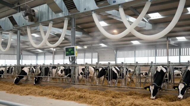 Medium shot of HVAC system regulating airflow in livestock barn to maintain stable temperature and humidity for animal comfort throughout the year