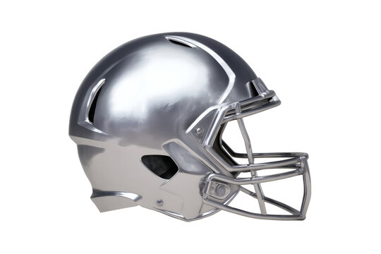 High-quality silver football helmet with a sleek face guard, perfect for sports teams, professional leagues, or athletic events, conveying a sense of strength, protection, and modern design