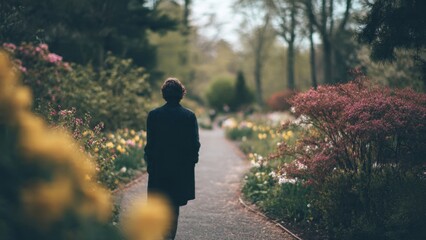 Obraz premium Person walking along garden path in spring