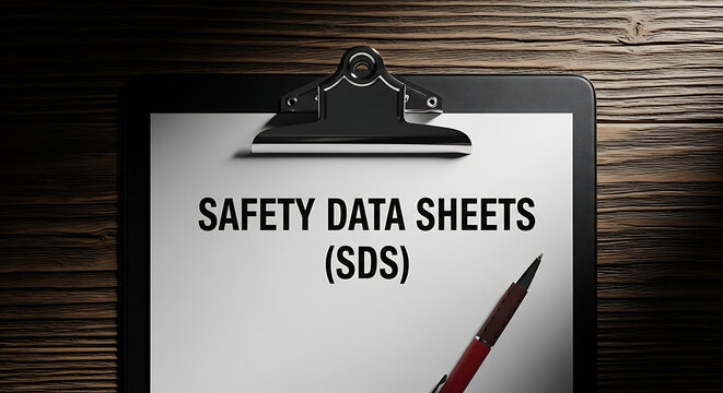 Safety Data Sheets Document on Clipboard with Pen on Wooden Background