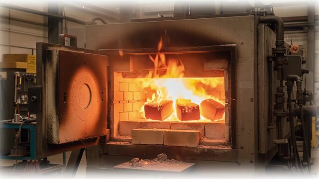 Medium shot of gasfired furnace with visible flame emphasizing efficient heat application critical for transforming refractory clay properties.