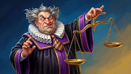 Obraz premium Illustrative Judge and Scales: A stern judge, garbed in traditional attire, brandishes scales, a symbol of justice, and stands poised, suggesting the weight of judgment.