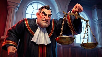 Obraz premium Justice in the Balance: A determined judge, clad in traditional attire, assesses the scales of justice within a stately courtroom, the weight of the law etched upon his expression.