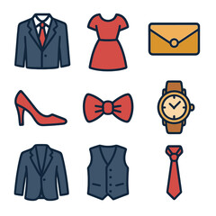 Elegant fashion icons set featuring formal wear, footwear, accessories, and more