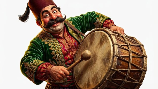 The Rhythm of Tradition: A cheerful man, attired in vibrant attire and traditional headwear, animates a cultural scene, pounding rhythm on a drum with unwavering energy.