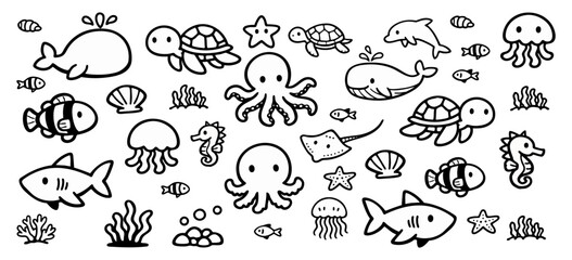 Collection of cute hand-drawn sea creatures in a minimalist doodle style, ideal for kids' coloring pages, stickers, and nautical themed designs. © liubomir118809