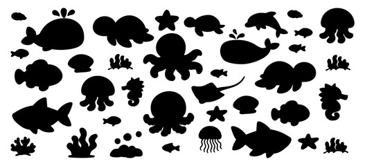 A collection of black silhouettes featuring various sea creatures, marine life, and underwater elements, perfect for educational or creative designs. © liubomir118809