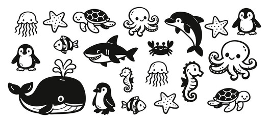 Set of cute black and white hand-drawn cartoon sea creatures including whale, shark, dolphin, octopus, and turtle. Perfect for stickers and icons. © liubomir118809