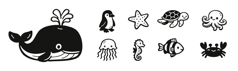 Obraz premium Set of cute hand-drawn black and white sea animal illustrations including whale, turtle, octopus, and more. Minimalist marine life doodle collection.
