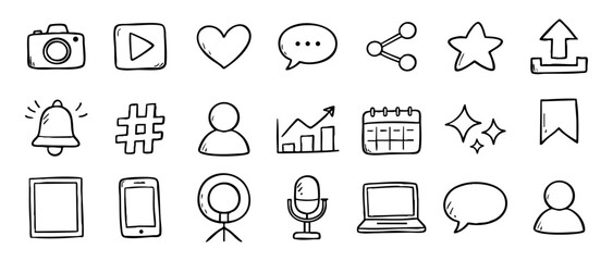 Set of hand-drawn social media and digital marketing icons in a doodle style, featuring camera, play, heart, and various communication symbols. © liubomir118809