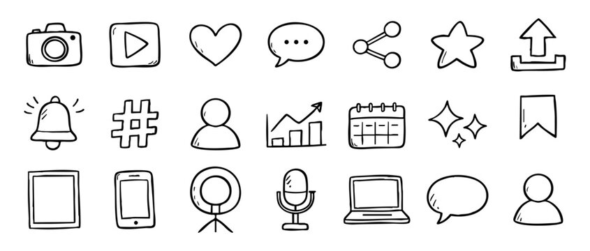 Set of hand-drawn social media and digital marketing icons in a doodle style, featuring camera, play, heart, and various communication symbols.