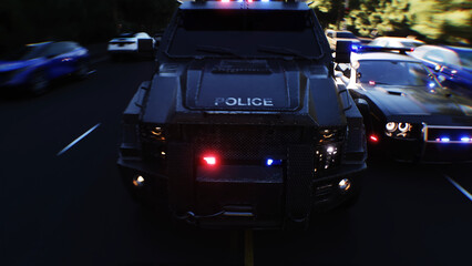 An swat police driving fast on a city street. 3d rendering. © 3D motion