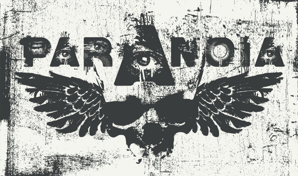 Vector lettering "Paranoia" in an urban grunge font featuring human eyes and aggressive mouths. Street art. A dark human skull with wings. Suitable for posters, album covers, and t-shirts.