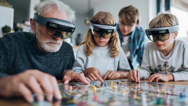 Grandfather and grandchildren use AR headsets to play a modern board game, blending technology and tradition. The scene captures innovation, family bonding, and immersive digital entertainment