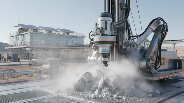Medium shot of automated drilling rig in action showcasing precise movements and advanced machinery for efficient borate extraction in a hightech industrial setting.