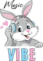 Happy bunny in headphones. Music vibe. Vector.eps