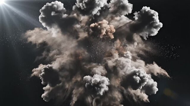 explosion cloud, sphere of dust and debris, dark background, sun rays