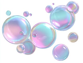 Floating transparent orbs of various sizes with iridescent colors against a white background