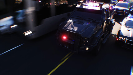 An swat police driving fast on a city street. 3d rendering. © 3D motion