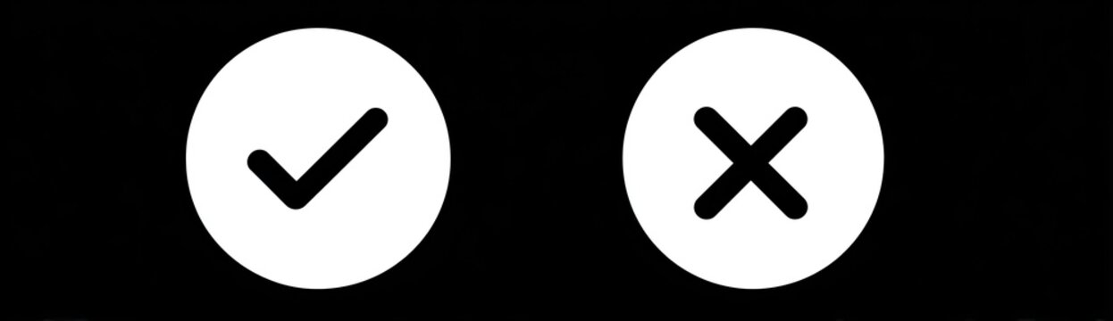 Two white circles on a black background. One has a checkmark, the other an 'X' symbol