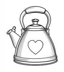 Black and white illustration of a classic stovetop kettle with a heart