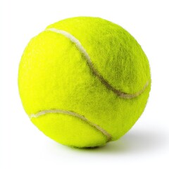 A close-up of a vibrant yellow tennis ball isolated on a stark white background