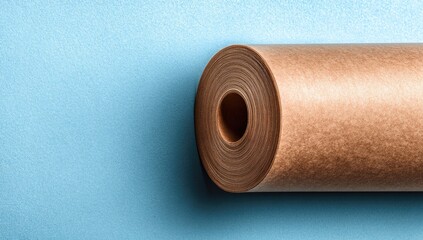 Rolled brown paper on blue surface, showing circular core and layered texture