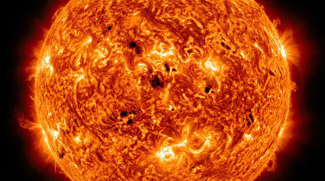 Detailed view of the sun's fiery surface, showcasing intense solar flares, prominent sunspots, and active plasma. A powerful cosmic star radiating bright energy in space.