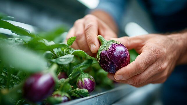 Gardener cutting ripe purple eggplant with knife during greenhouse harvest