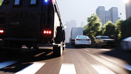 An swat police driving fast on a city street. 3d rendering. © 3D motion