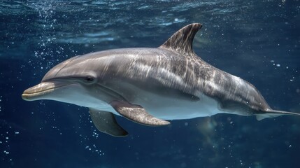 Fototapeta premium Dolphin Swims Toward Open Blue Water in a Moment of Exploration and Curiosity in the Ocean Environment Captured Underwater
