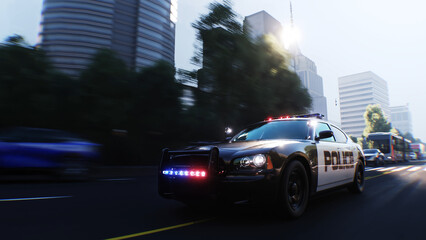 An police driving fast on a city street. 3d rendering. © 3D motion