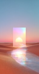 Dreamlike desert landscape featuring a mirrored rectangle reflecting a sunset over a shimmering river