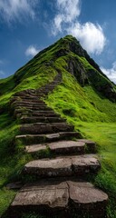 Stone steps ascend a green, grassy mountain peak under a partly cloudy sky