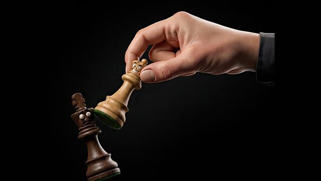 Strategic Checkmate: A hand delicately moves a chess king, capturing an opponent's king in a decisive moment of strategy and intellectual prowess, set against a dramatic dark backdrop.