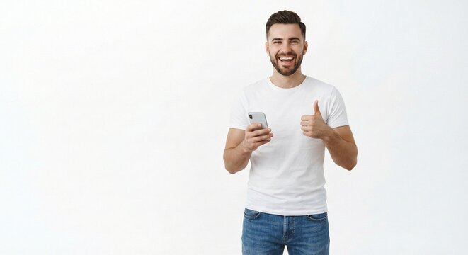 Cheerful young man in white t-shirt holding smartphone and showing thumbs up gesture isolated on white background