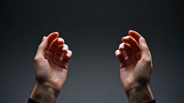 A video showcasing a pair of hands raised in a gesture of expression against a dark background