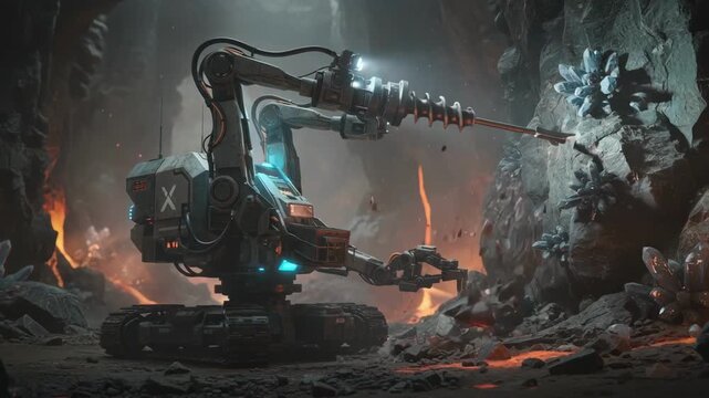 Medium shot of drilling robot operating in harsh environments emphasizing precision engineering and efficient mineral extraction without human intervention.