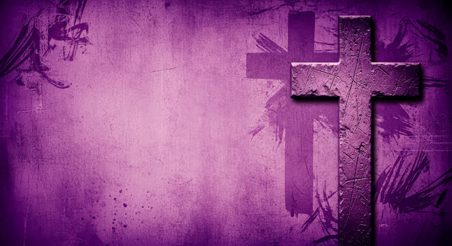 Textured purple background with a grunge cross and abstract elements.