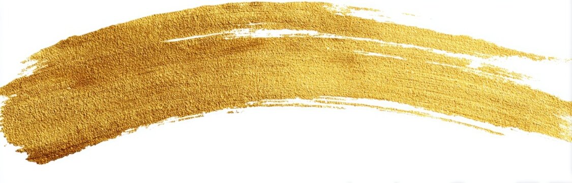A curved, golden brushstroke on a white background, with texture and uneven edges