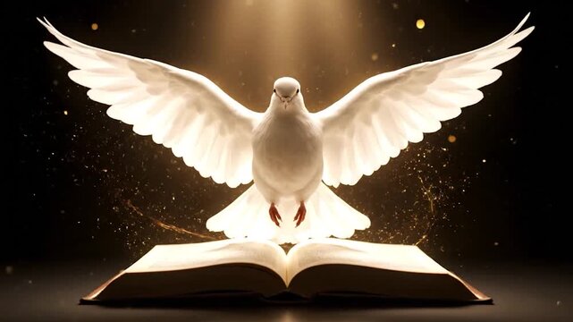 A white dove with outstretched wings descends over an open book with golden light