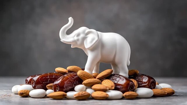A white elephant figurine stands on dates, almonds, and white candy, against a textured gray background