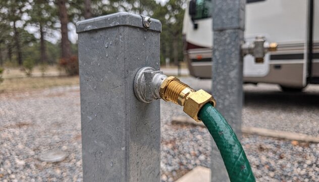 Medium shot capturing water hose attachment to a 50amp RV hookup pedestal emphasizing the faucet and hose fitting with the background campsite out of focus