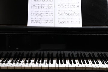 Classic piano with notes, closeup. Musical instrument