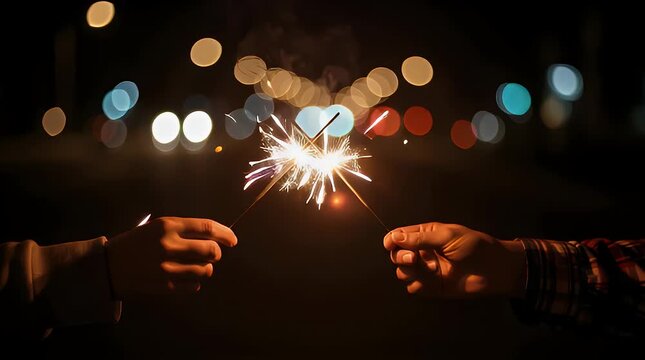 Capture the magic of a nighttime celebration with hands holding sparklers against a vibrant city lights background, evoking feelings of joy and togetherness.